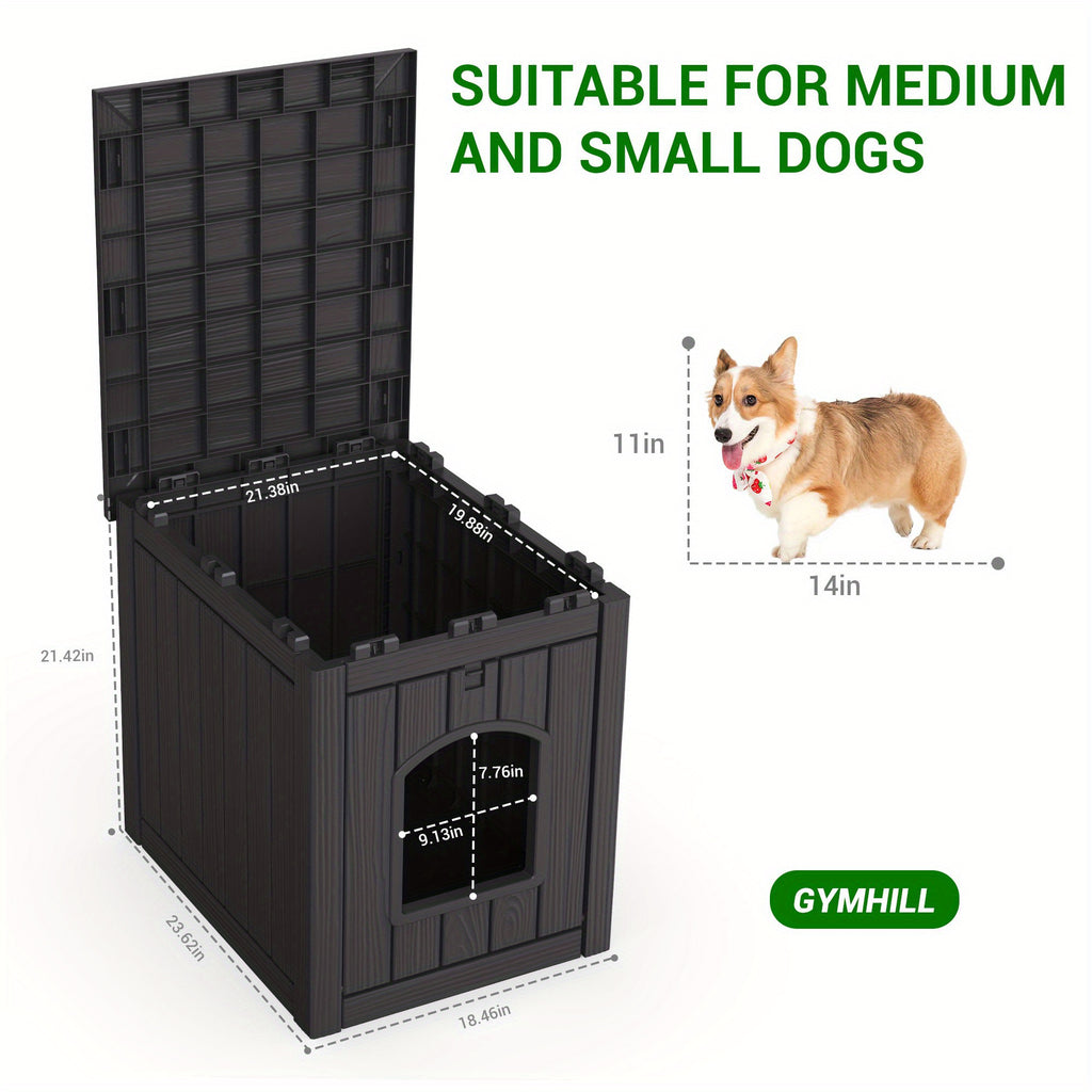 Pet House with Ventilation Windows, Easy-Assemble Resin Resting Shelter in Black or Light Brown for Indoor and Sheltered Outdoor Placement