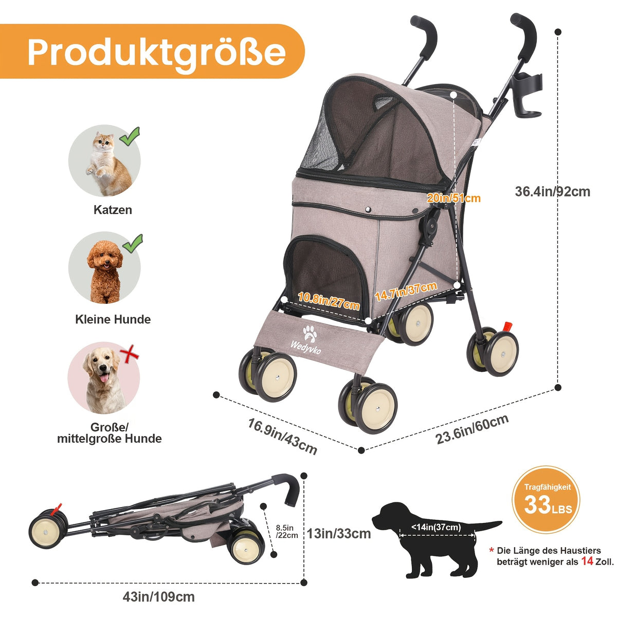 Lightweight Cat Stroller 8.95 lb with One-Touch Fold, Breathable Mesh, Adjustable Shoulder Strap and Safety Leash for Small Pet Travel and Daily Walks