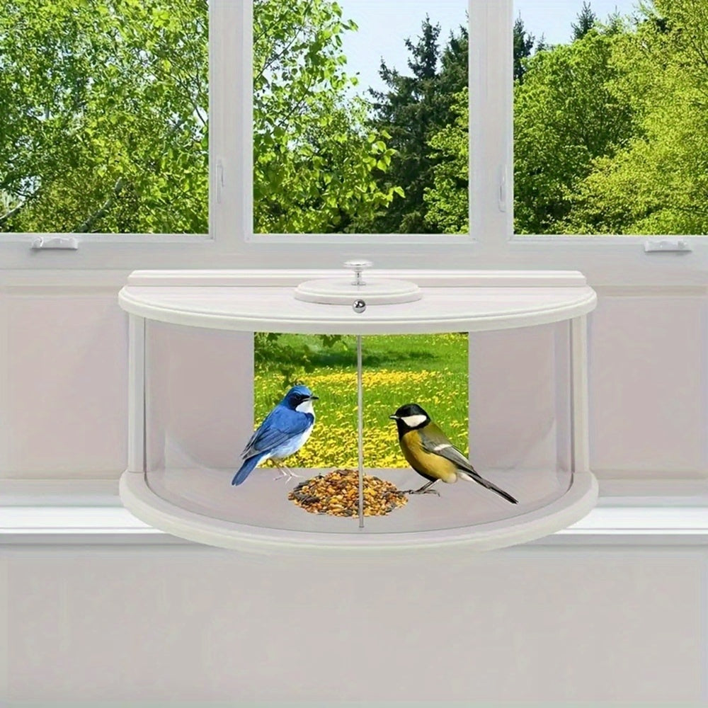 Panoramic Window Bird Feeder with 180-Degree Clear View, Recessed Feeding Tray and Lawn Deck in White for Bird Watching from Inside Your Home