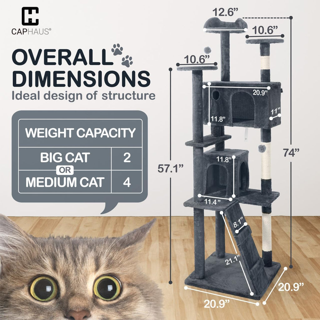 Cat Tree for Large Indoor Cats, 74 Inch Multi-Level Tower with Widened Perch, Sisal Scratching Posts, Tunnel, Basket, Condo and Wand Toy, Smoky Grey