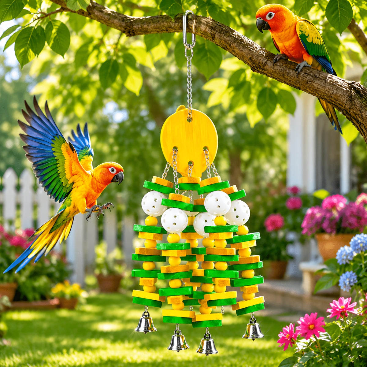 Parrot Toys with Colorful Wood Chew Designs, 12 Selectable Bird Cage Accessory Styles Including Apple, Banana, Coconut and Block Options for Enrichment