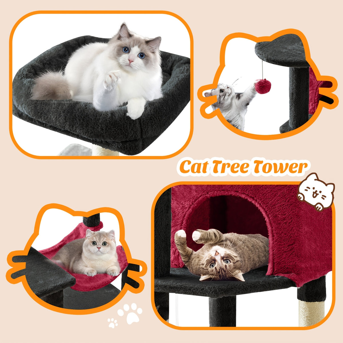 Cat Tree with Seven Color Choices, 44 Inch Indoor Cat Tower with Hammock, Condo Hideaway, Elevated Perches and Sisal Scratching Posts