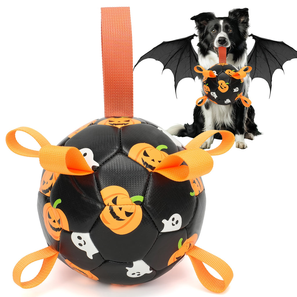 Halloween Dog Ball with Pumpkin and Ghost Print, Black Soccer-Style Fetch Toy with Orange Grab Straps, Pump and Needle for Supervised Outdoor Play