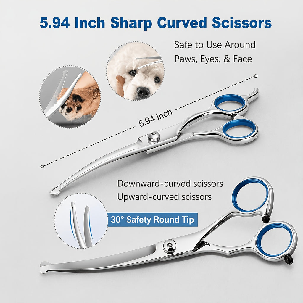 Pet Grooming Shears Kit, 7-Piece Titanium-Plated Stainless Steel Scissors Set with Rounded Tips, Straight, Curved and Thinning Tools for Dogs and Cats