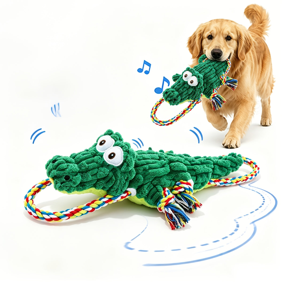 Squeaky Crocodile Rope Dog Toy in Green, Cotton Rope and Canvas Tug Toy with Two Knotted Ropes for Supervised Interactive Indoor and Outdoor Play
