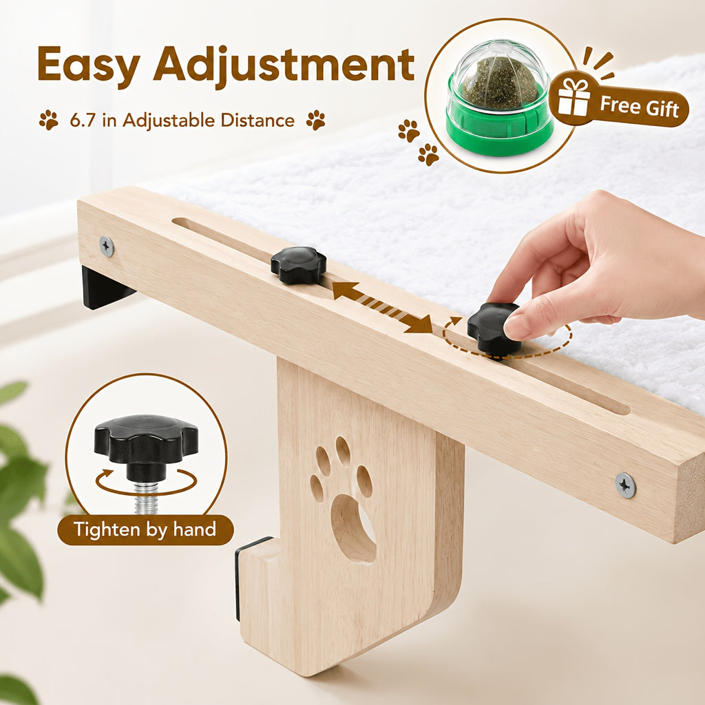 Wood Frame Cat Window Perch, Adjustable Hanging Indoor Cat Bed for Compatible Windowsills, Bedsides, Drawers and Shelves, Space-Saving Lounging Spot