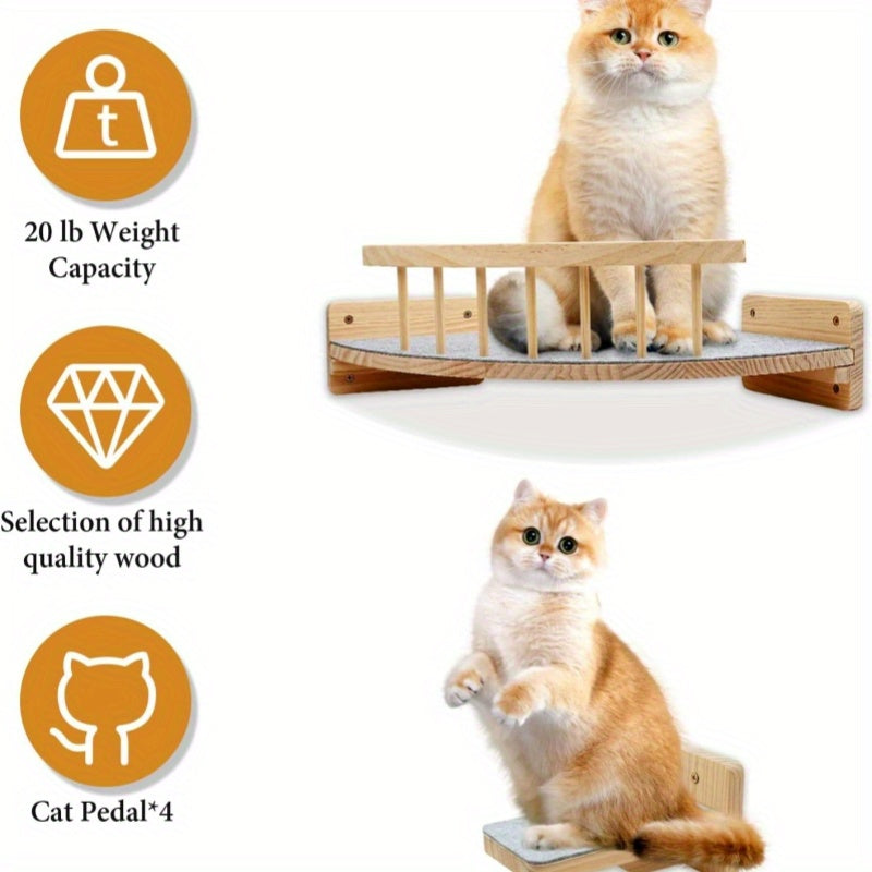 Wall Mounted Cat Bed with Climbing Steps, 5-Piece Wooden Cat Wall Furniture Set with Felt Pads and 13 x 13 Inch Platform for Small and Medium Cats
