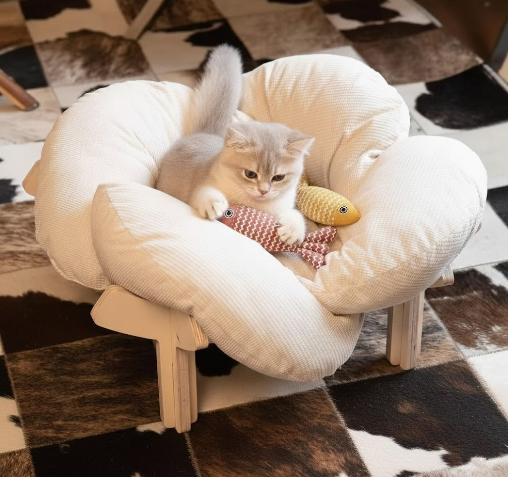 Pink Wooden Cat Lounge Bed with Soft Cushion, Elevated Indoor Pet Sofa Chair in Pink + Two Linen Fish Style for Cat Naps and Cozy Home Lounging