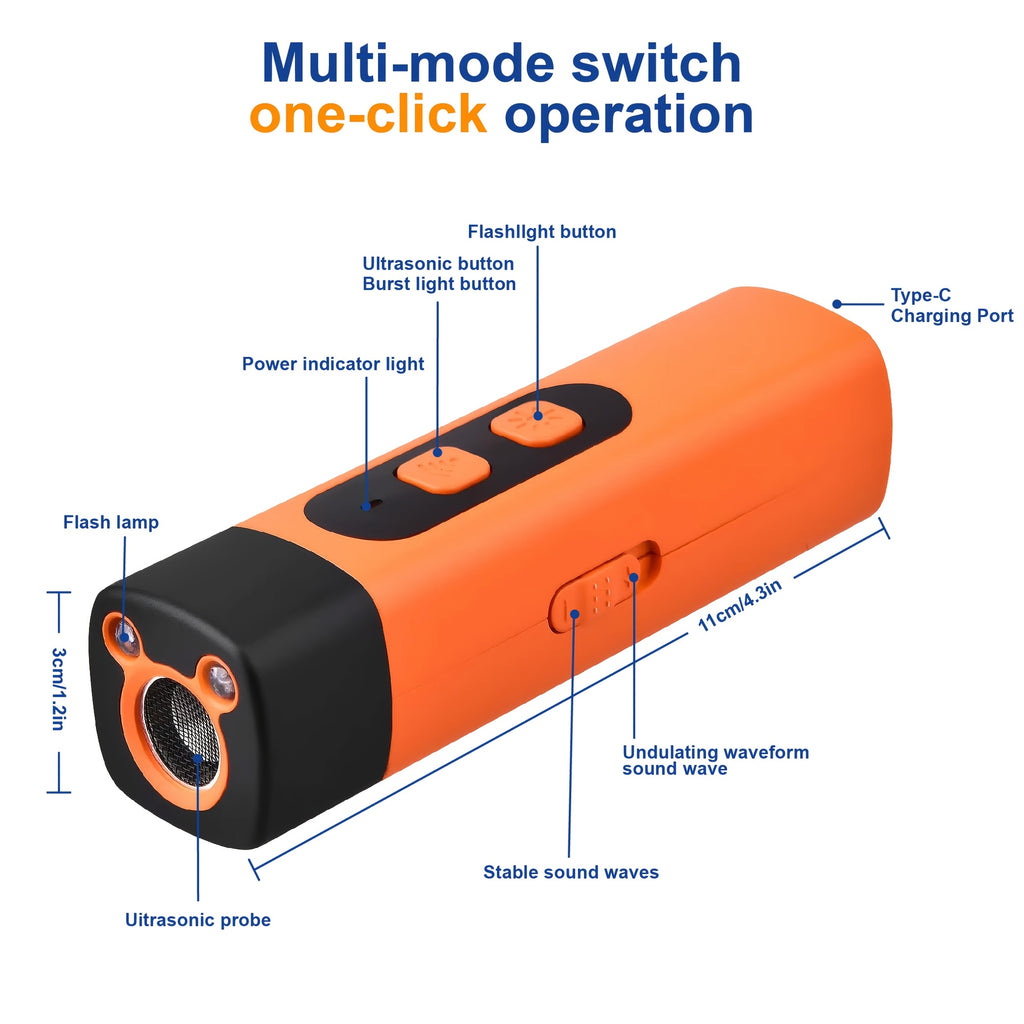 Rechargeable Ultrasonic Dog Bark Deterrent Device with LED Flashlight, Listed 30ft Range and Steady or Flashing Light Modes, Orange Training Tool