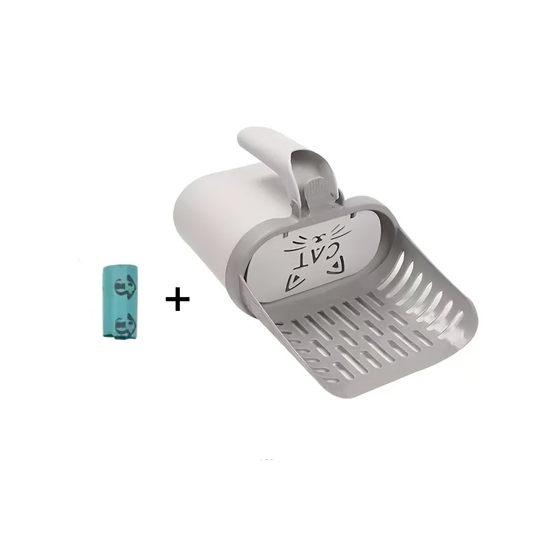 Cat Litter Scoop with Removable Waste Bag Holder, Durable Off-White Plastic Shovel and 1 Roll of Garbage Bags for Daily Litter Box Cleaning
