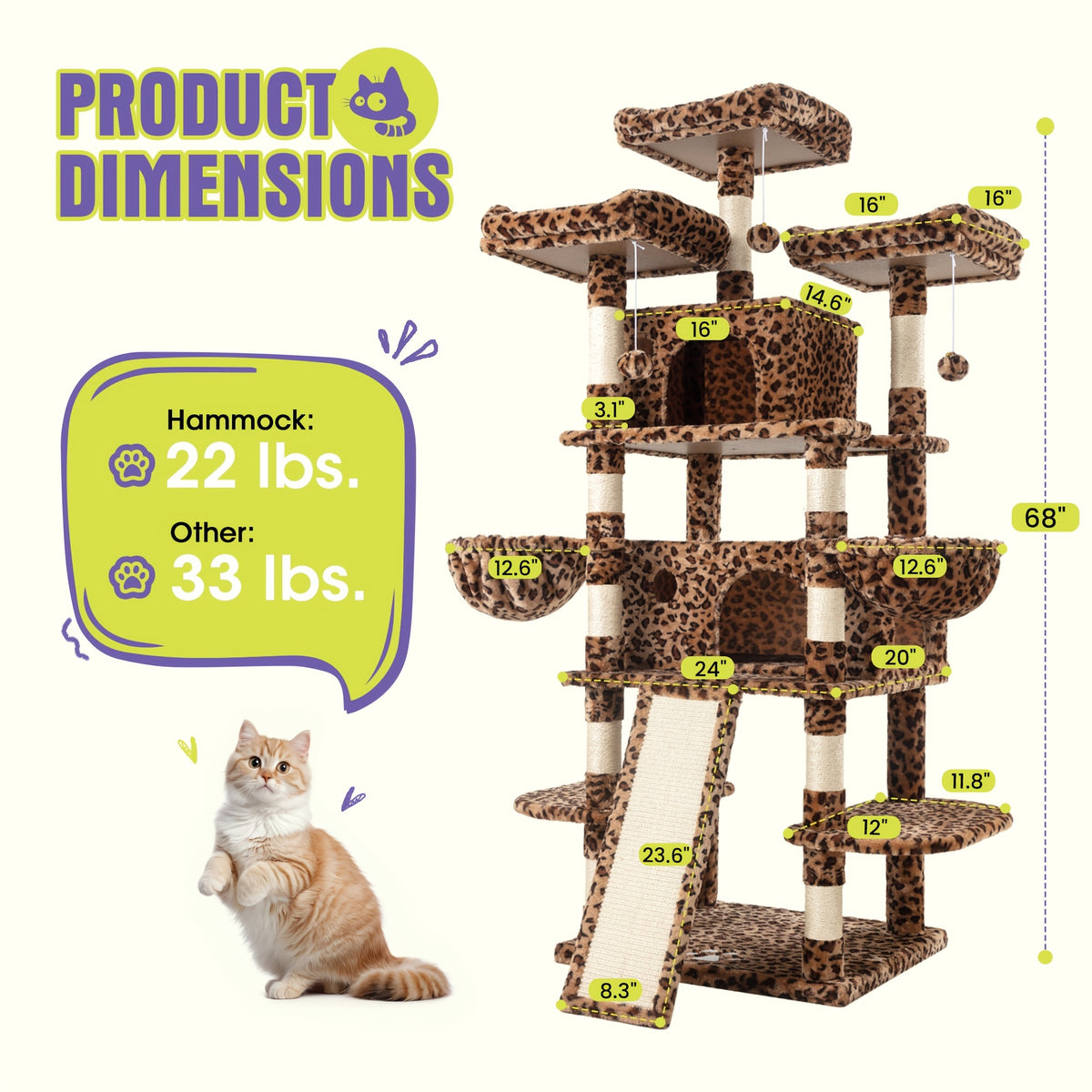 Multi-Size Cat Tree Tower for Indoor Cats, 36 65 68 or 81 Inch Multi-Level Pet Furniture with Sisal Scratching Posts and Plush Resting Areas