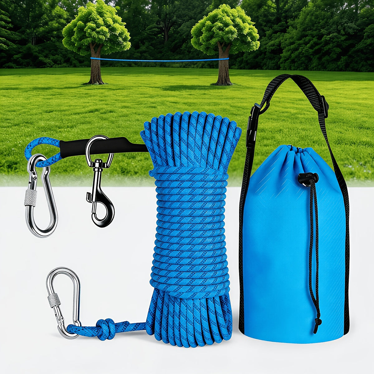 Dog Trolley System for Camping, 50/75/100ft Reflective Overhead Tie-Out Cable Run for Dogs up to 200lbs, Portable Dog Lead for Yard and Parks, Orange/Green/Blue