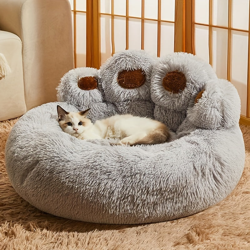 Long Plush Pet Bed with Bear Paw Shape, PP Cotton Filled Dog and Cat Sleeping Cushion with Anti-Slip Bottom, Single Bed and 2PCS Options