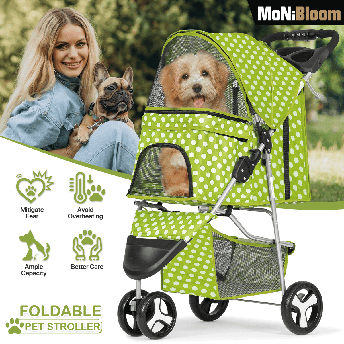 Three-Wheel Dog Stroller with Weather Cover, Foldable Mesh Pet Pushchair for Small Dogs and Cats, Storage Basket, Cup Holder and 10 Style Options