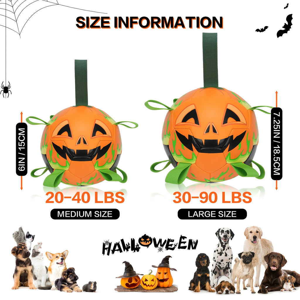 Halloween Pumpkin Dog Ball with Grab Tabs, Orange Jack-O-Lantern Fetch Toy with Carry Strap for Interactive Outdoor Play and Seasonal Pet Gifts