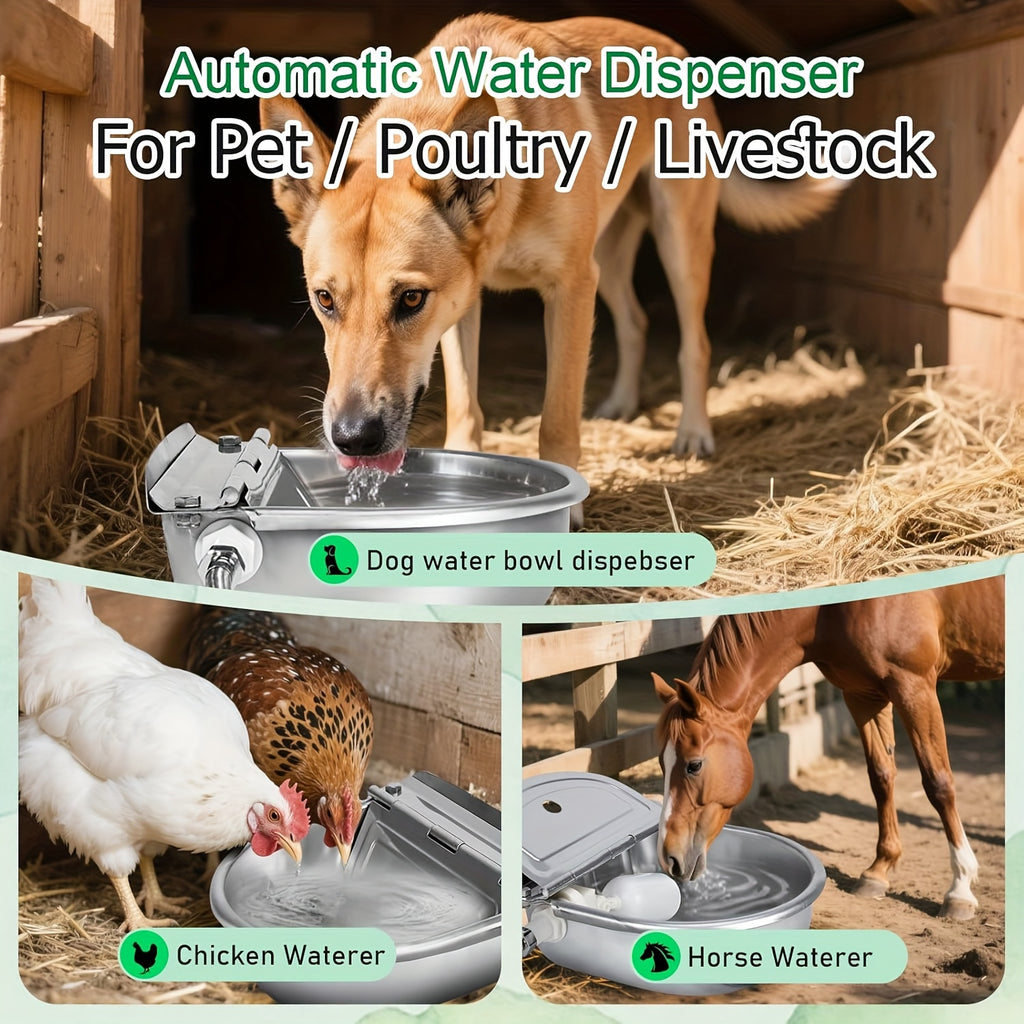 Automatic Dog Water Bowl 3L with Float Valve, Stainless Steel Self-Filling Outdoor Waterer with Braided Hose and Connectors for Pets and Livestock