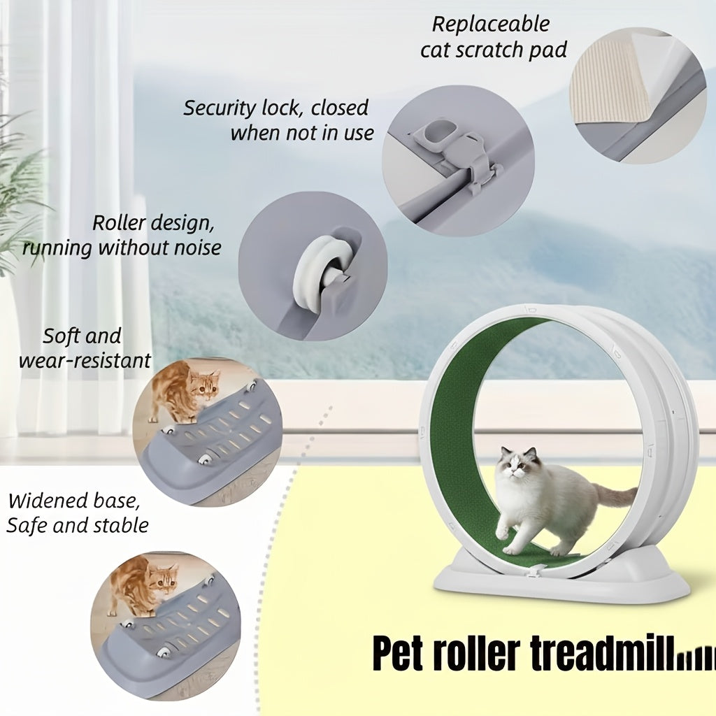 Cat Exercise Wheel with Security Lock and Replaceable Running Pad, Battery-Free Indoor Cat Treadmill with Wide Base, Green or Grey XXL