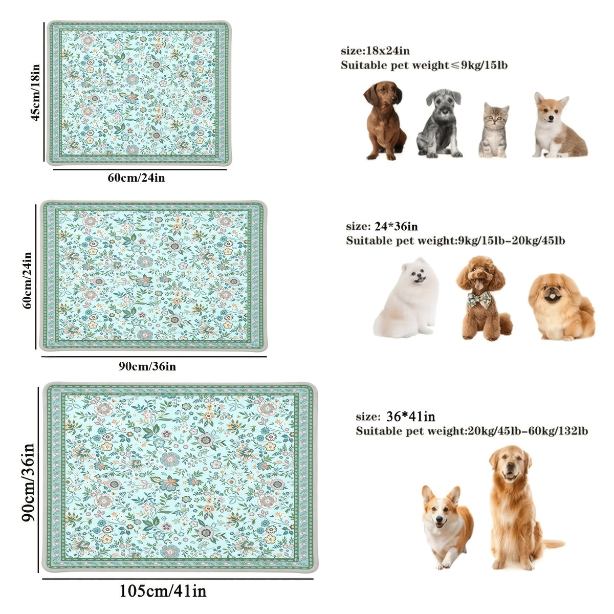 Washable Dog Pee Pads with Floral Print, 2 Pack Reusable Non-Slip Leakproof Puppy Potty Training Mats for Crates and Floors in Three Sizes