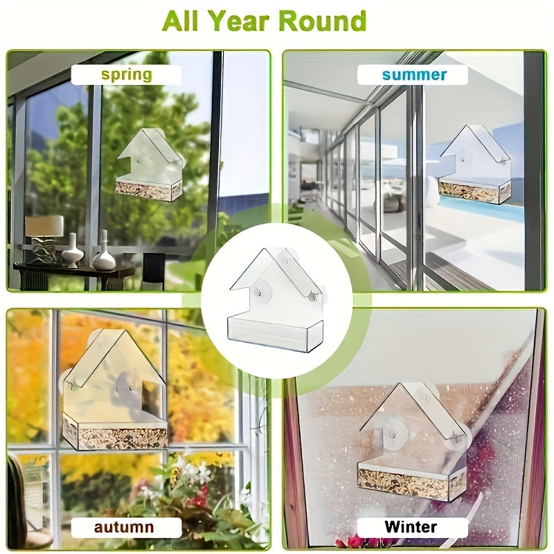 Window Bird Feeder with Removable Tray, Battery-Free Clear Acrylic Suction Cup Feeder for Outdoor Wild Bird Feeding and Close-Up Bird Watching at Home