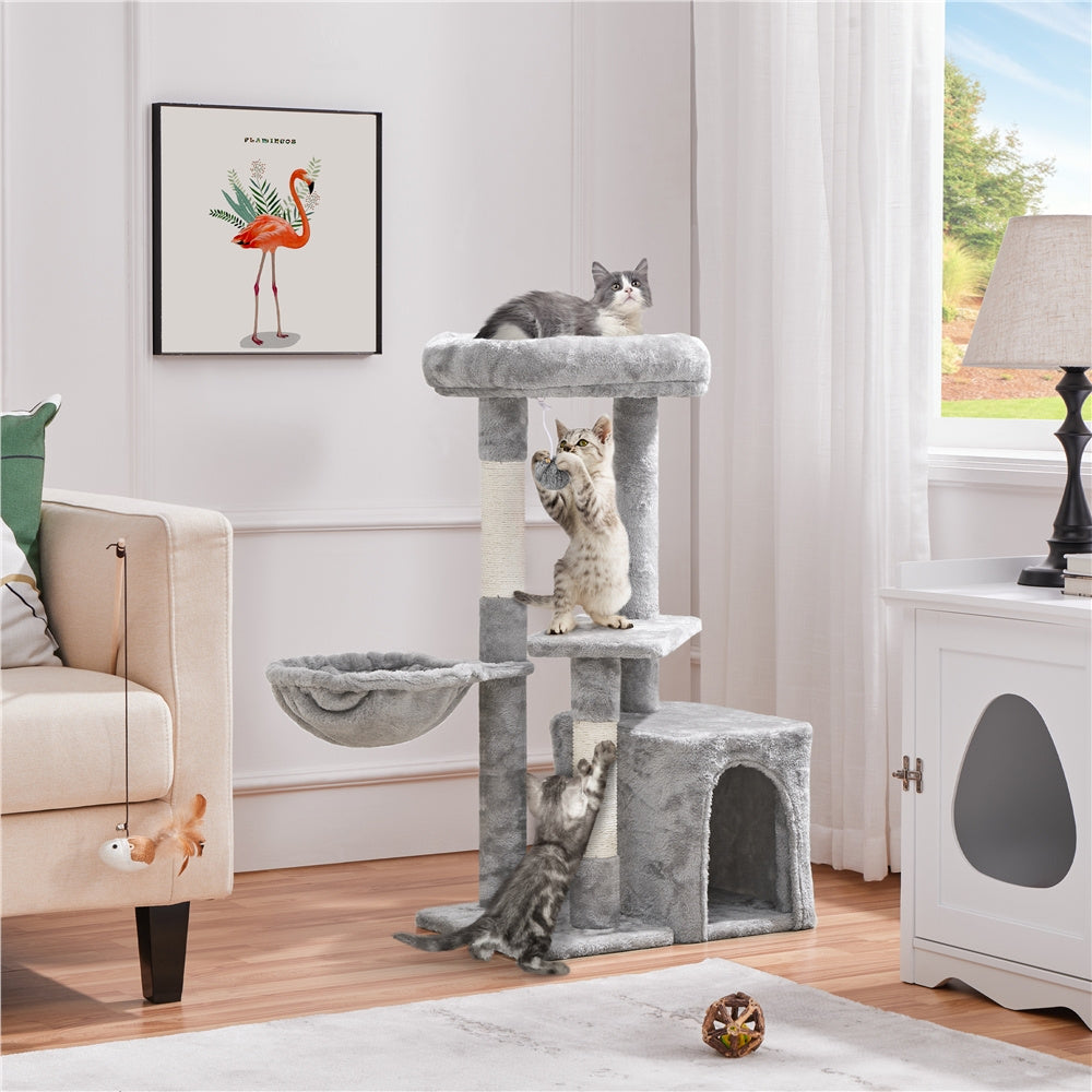 Cat Tree 34.5 Inch with Condo and Basket, Plush Indoor Cat Tower with Nest, Platform, Three Sisal Scratching Posts and Scratching Board in Five Colors