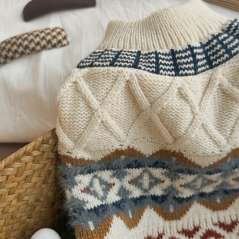 Fair Isle Dog Sweater, Cable Knit Turtleneck Winter Pullover in Beige or Blue, XS-XL Pet Clothing for Cozy Indoor Wear and Cool Weather Walks