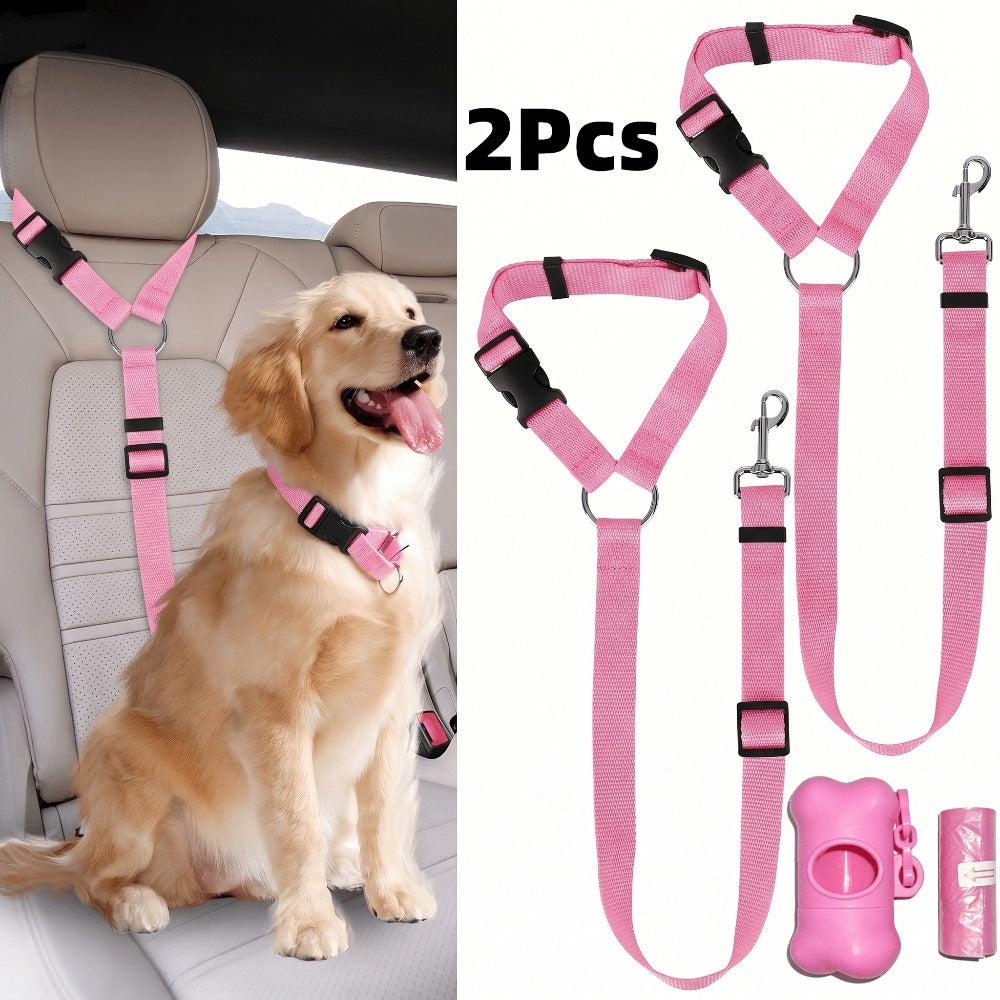 Dog Car Seat Belts 2 Pack with 15 Waste Bags and Storage Box, Adjustable Nylon Bungee Pet Travel Tethers for Small and Medium Dogs and Cats