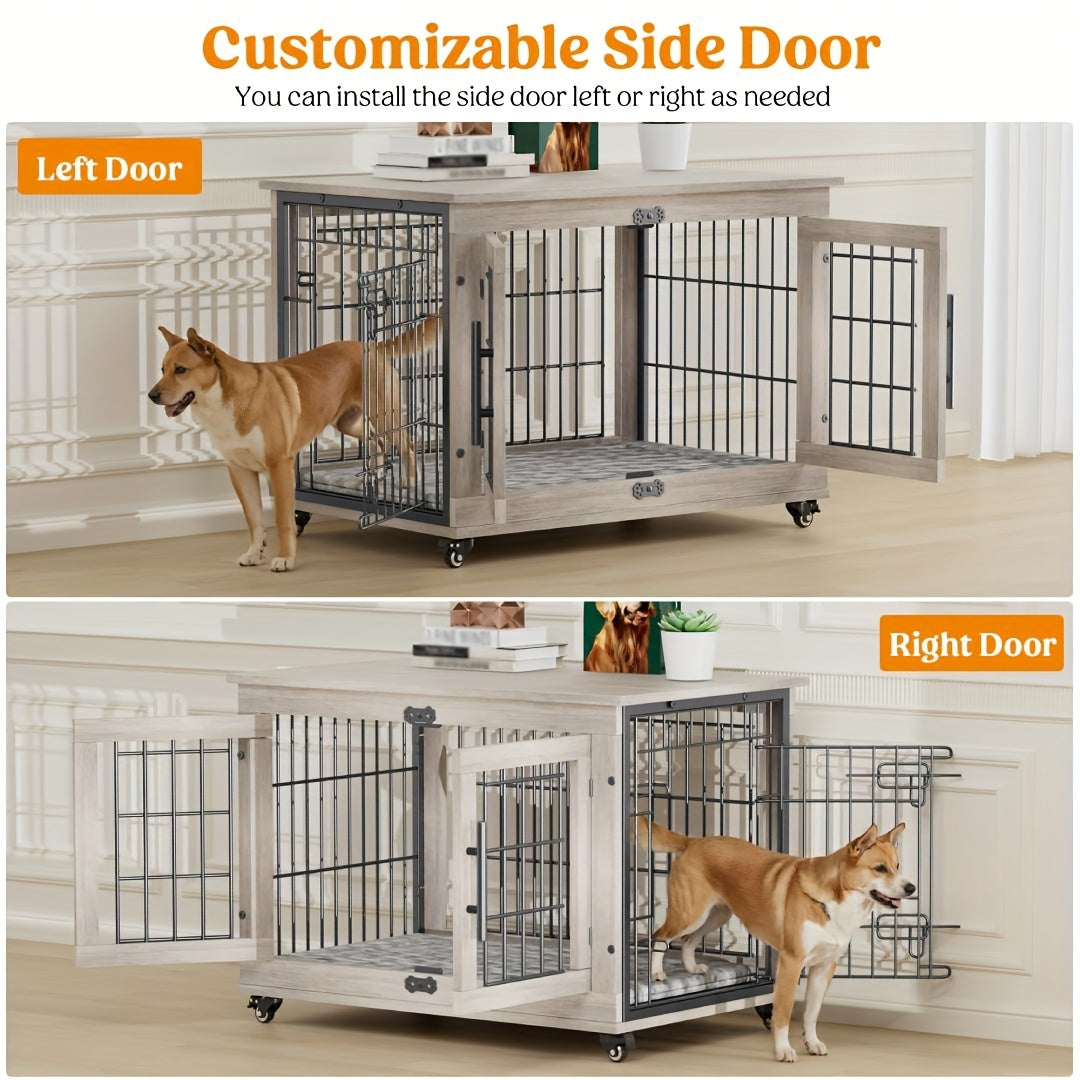 Wooden Dog Crate Furniture with Cushion Mat, 4 Sizes, Metal Bar Kennel End Table with Secure Lock, Reversible Side Door, Wheels or Anti-Slip Feet, Gray or Brown for S to XL Dogs