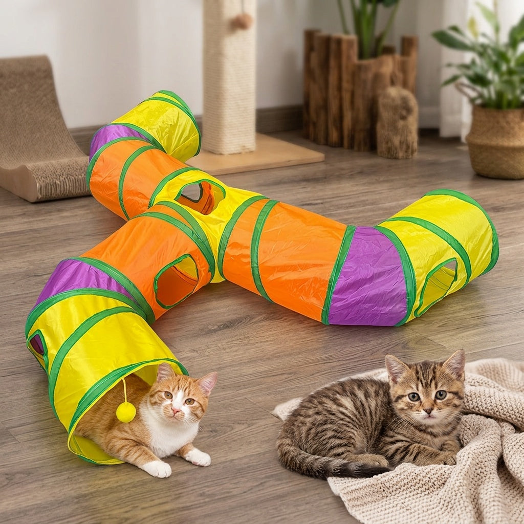 T-Shaped Cat Tunnel with Hanging Ball, Collapsible Polyester Play Tube with Multiple Entrances for Indoor Cat Hide-and-Seek and Daily Exploration