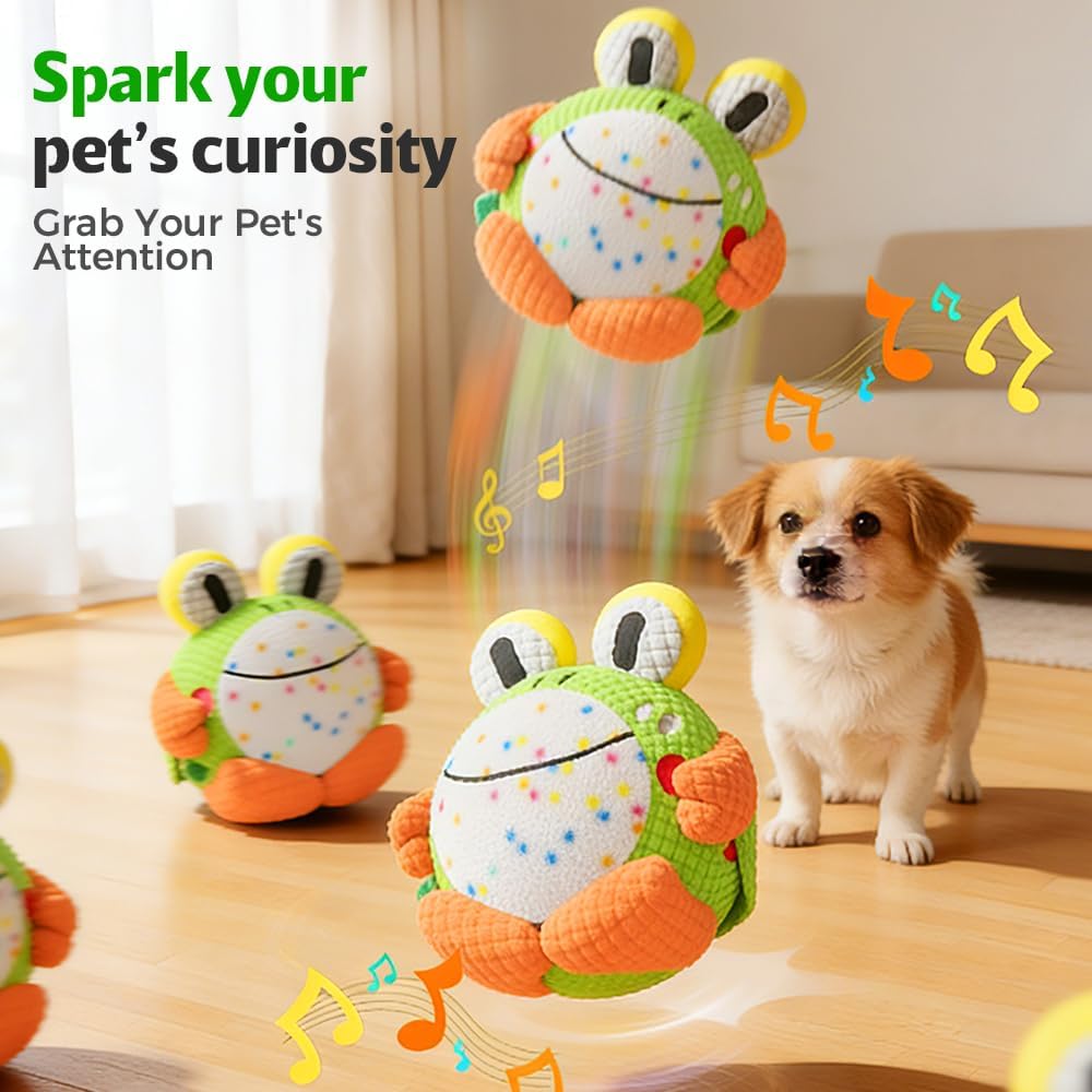 Moving Plush Dog Toy with Sound, USB Rechargeable Bouncing Pet Play Toy with Removable Washable Cover, Frog, Dolphin or Panda for Supervised Indoor Play
