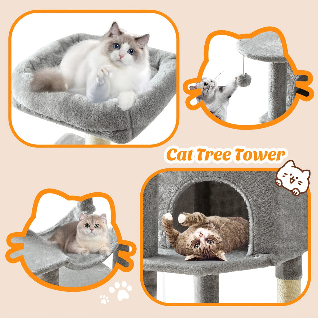 Cat Tree with Seven Color Choices, 44 Inch Indoor Cat Tower with Hammock, Condo Hideaway, Elevated Perches and Sisal Scratching Posts