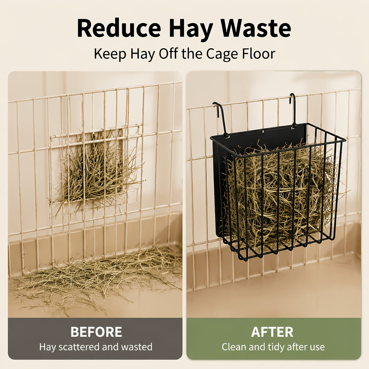 Rabbit Hay Feeder with Hanging Metal Rack, Black Powder-Coated No-Drill Cage Organizer for Guinea Pigs and Chinchillas, Space-Saving Hay Basket