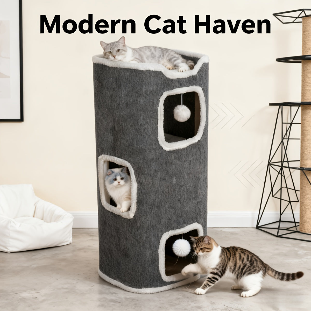 Cat Condo Cube Tower for Indoor Cats, Space-Saving Cat House Bed with Hanging Plush Ball, One to Three Stories in Beige, Coffee or Light Gray