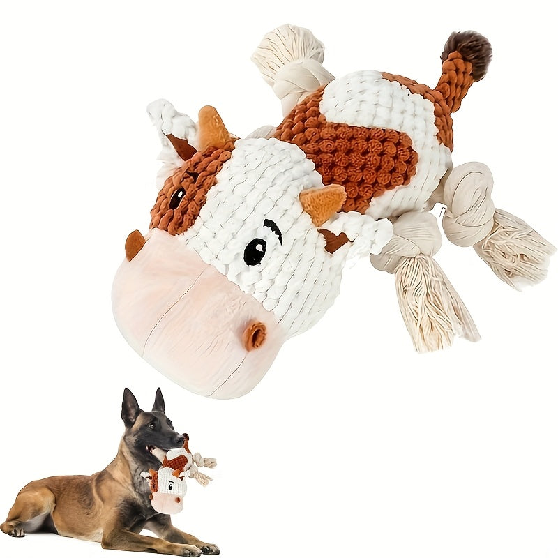 Cow Dog Toy with Knotted Rope Legs, 8-Inch Squeaky Crinkle Plush Pet Toy for Supervised Gentle Tug of War, Fetch and Interactive Puppy Play