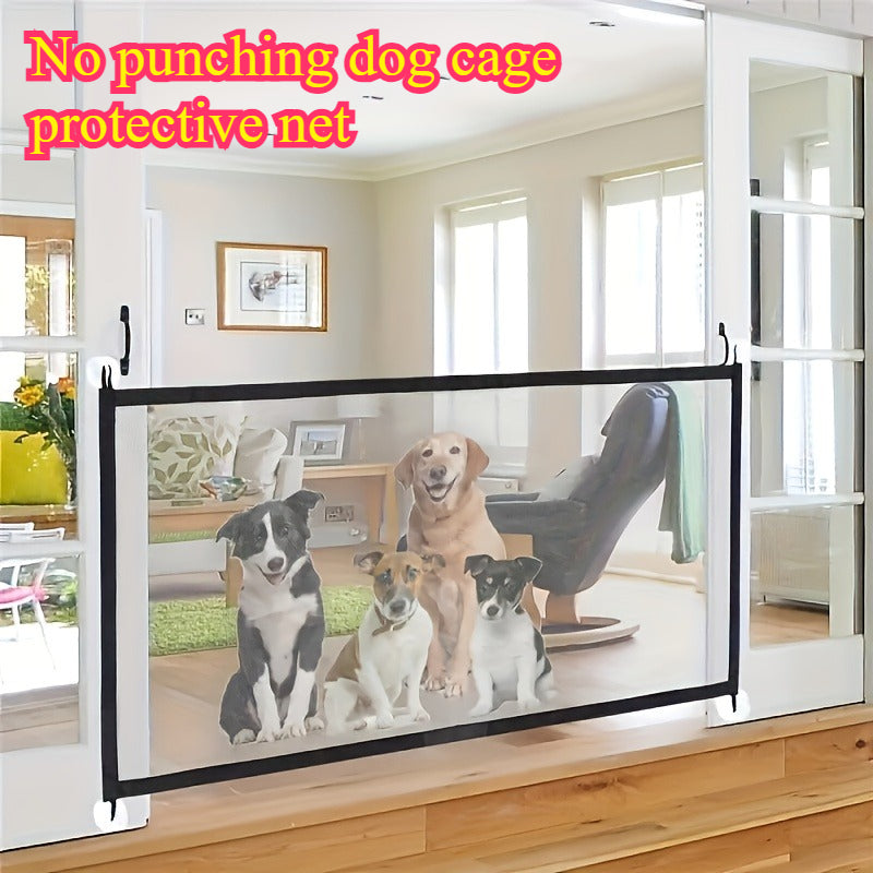 Dog Gate with 6 Hooks, Drill-Free Black Mesh Pet Barrier with Portable Expandable Design for Doorways, Hallways and Indoor Room Separation