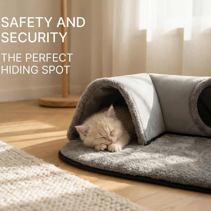 Arch Cat Tunnel Bed with Peekaboo Window and Hanging Ball, Soft Plush 2-in-1 Indoor Kitten Hideaway and Lounge Mat in Small or Large
