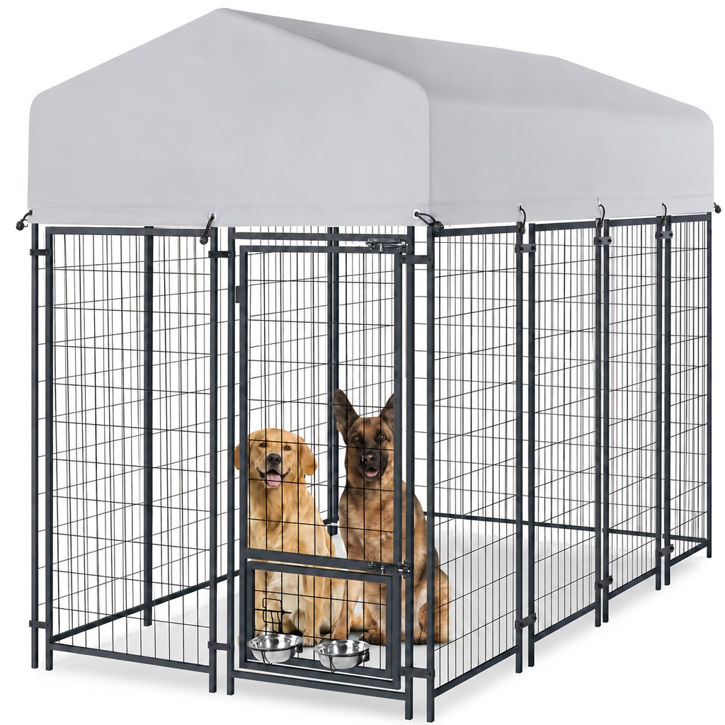 Dog Kennel with Silver Canopy and 2 Rotating Bowls, Welded Steel Outdoor Dog Pen with Lockable Gate, 51-Inch Width and Three Length Options