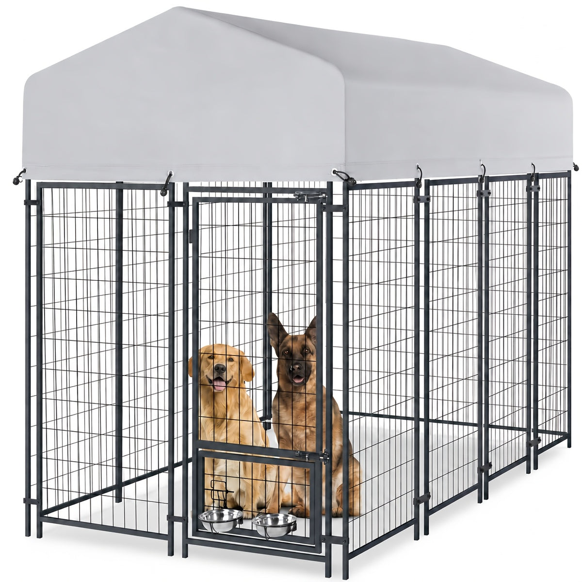 Dog Kennel with Silver Canopy and 2 Rotating Bowls, Welded Steel Outdoor Dog Pen with Lockable Gate, 51-Inch Width and Three Length Options