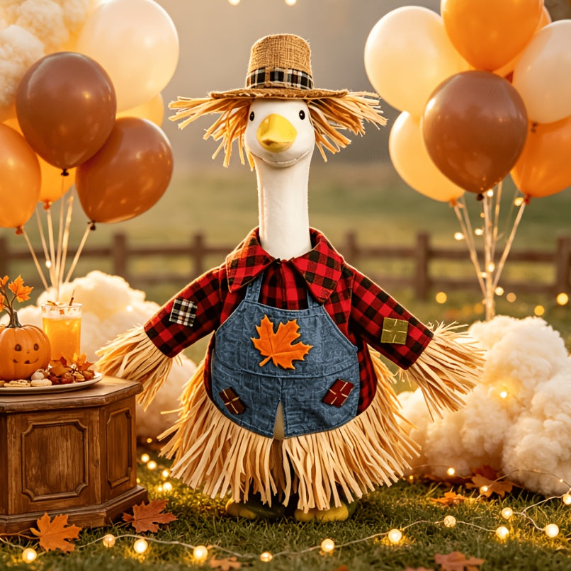 Thanksgiving Porch Goose Outfit for 23-Inch Statues, Scarecrow Costume with Red Plaid Shirt, Maple Leaf Denim Suspenders and Straw Hat