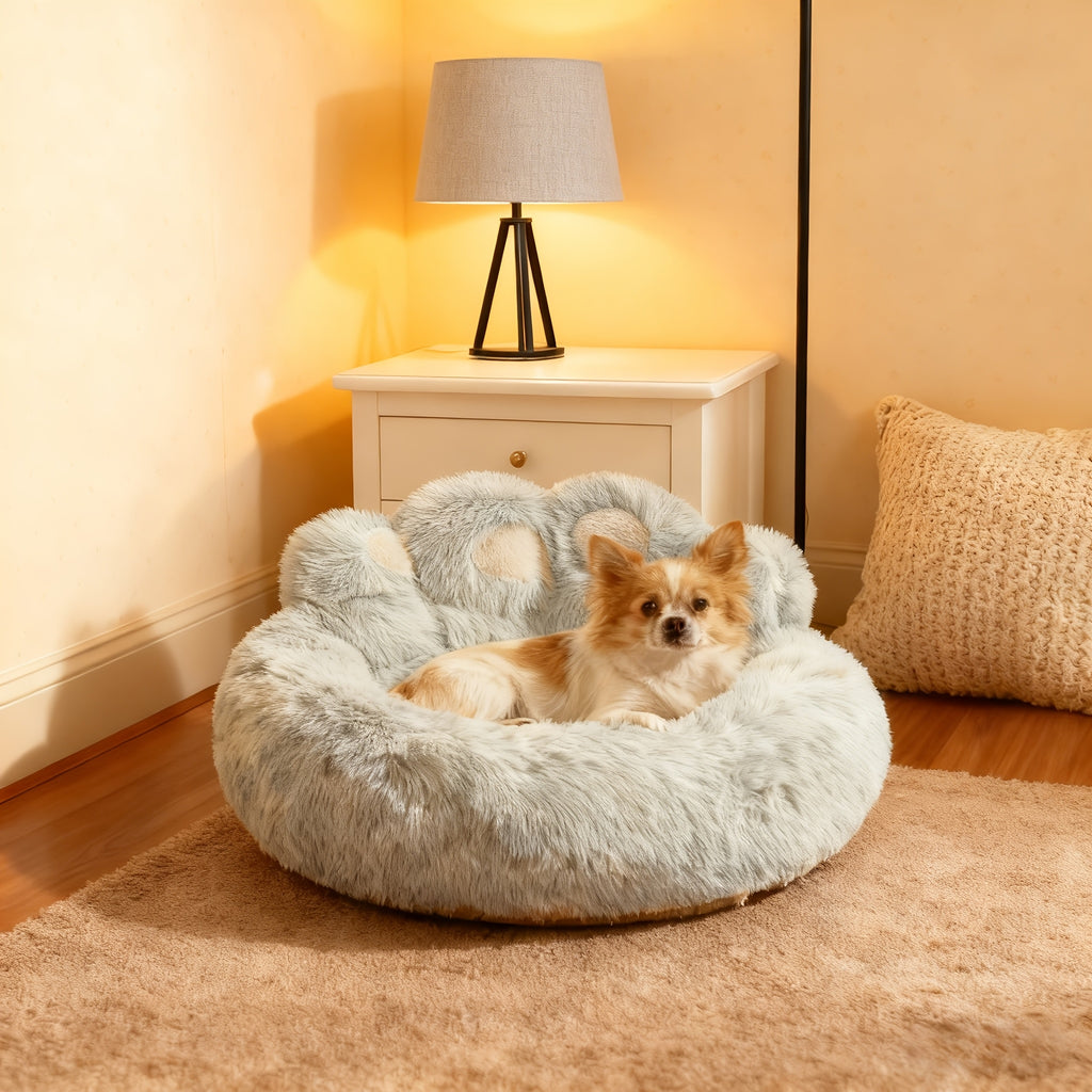Paw Shaped Pet Bed for Dogs and Cats, Fluffy Plush Sleeping Nest with Raised Sides and Non-Slip Base, Brown Grey or Pink Red Size Options