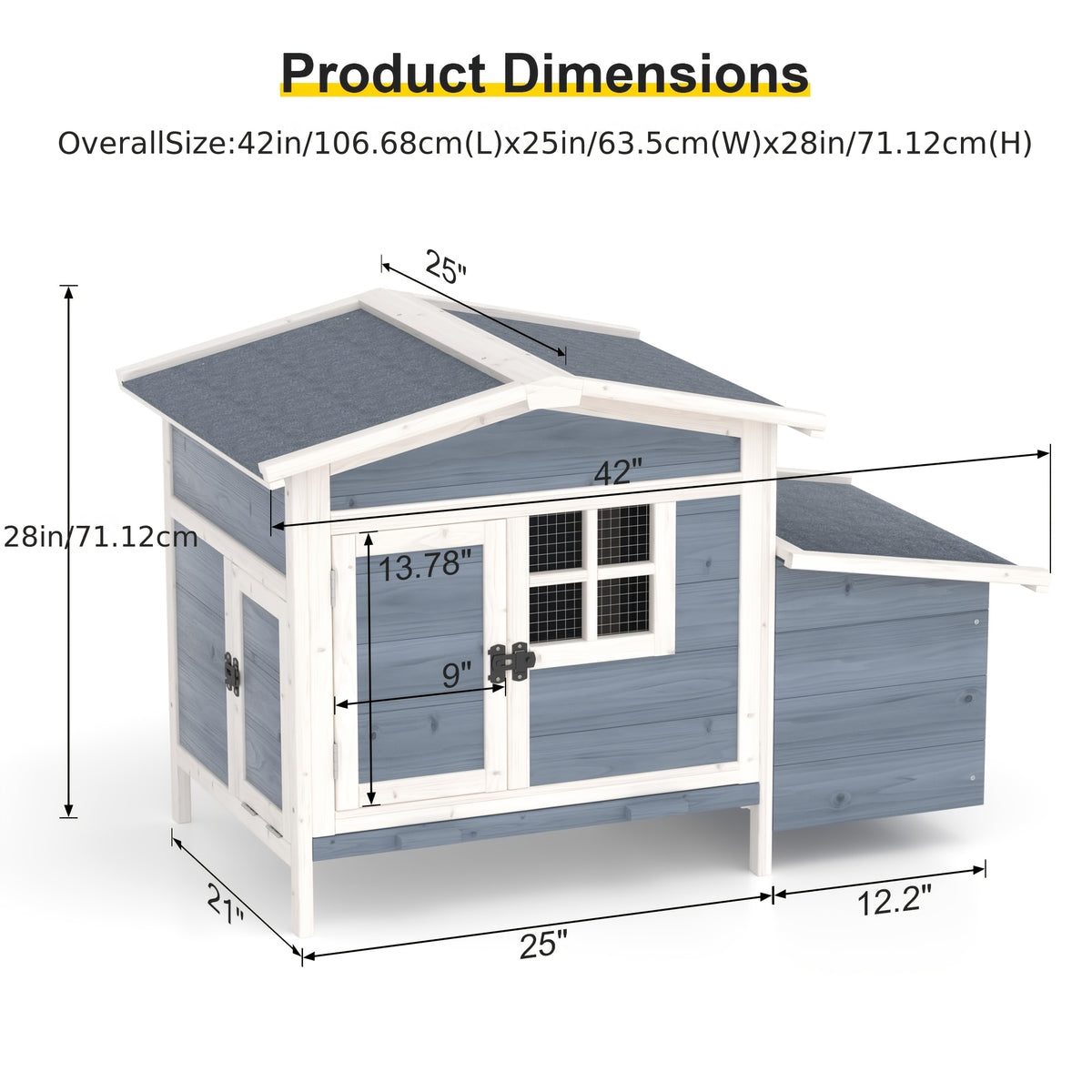Chicken Coop Outdoor Wooden Hen House with Nesting Box, Ramp, Removable Tray and Lockable Doors, Elevated Fir Wood Poultry Hutch with Sloped Asphalt Roof, 42 x 25 x 28 Inches