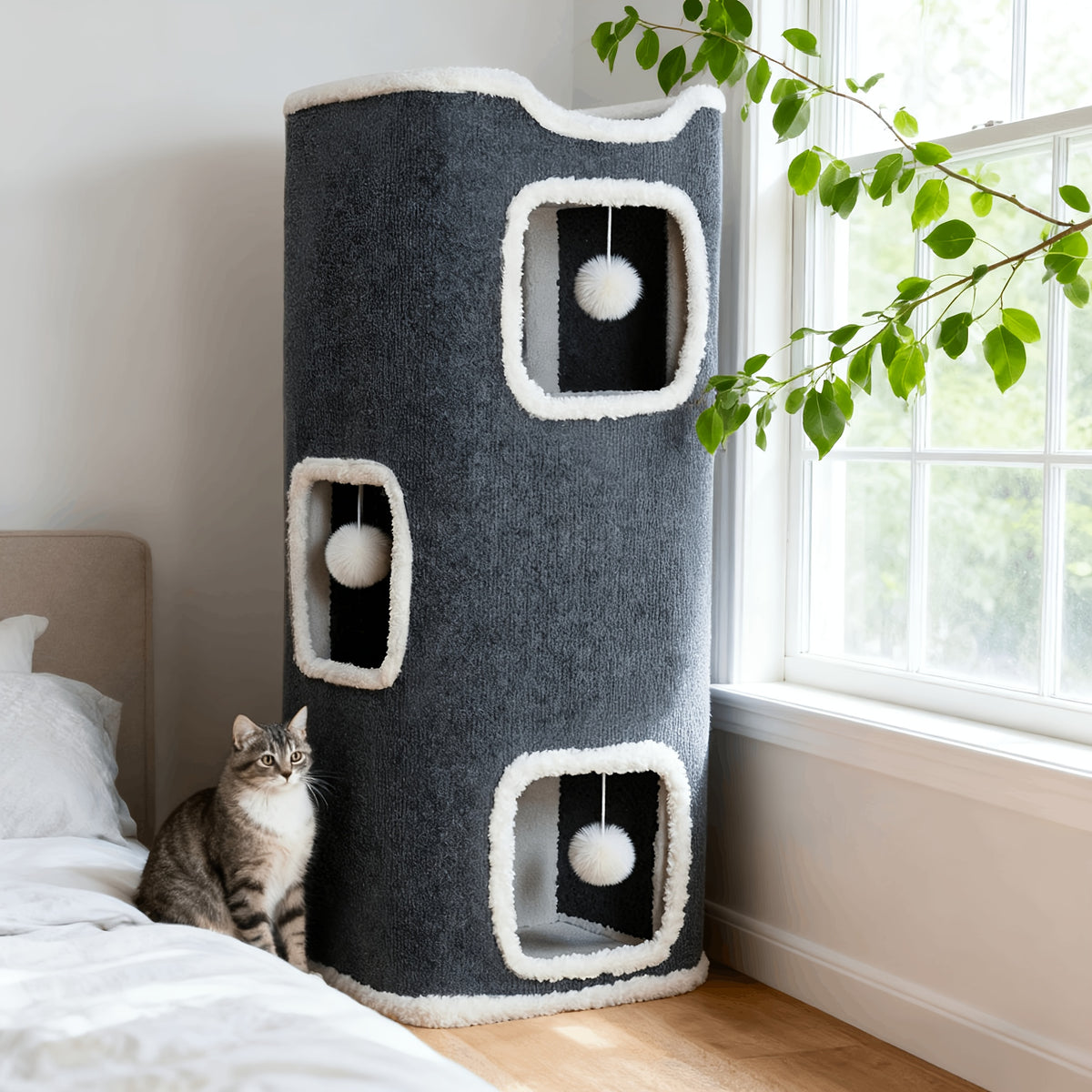Cat Tree with Three-Layer Foldable Tower, Indoor Cat Condo with Cozy Top Bed, Hanging Ball Toys and Scratch-Resistant Surface for Small Spaces