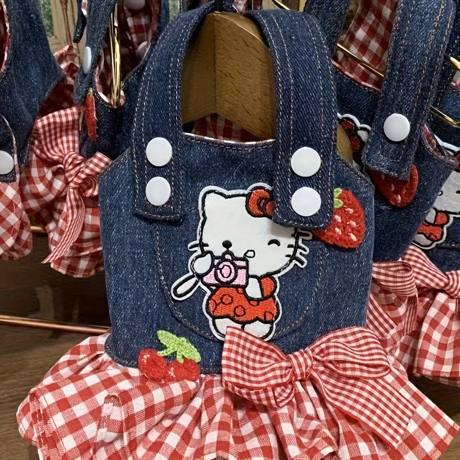 Denim Plaid Dog Dress for Small Dogs and Cats, Red Checkered Bow and Strawberry Appliques, Pleated Pet Party Outfit in XS to XL