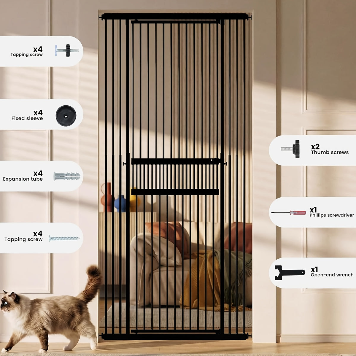 Extra Tall Cat Gate 49–86 Inch Adjustable Height, Pressure-Mounted Pet Barrier for Doorways and Hallways, Black or White Dog Gate