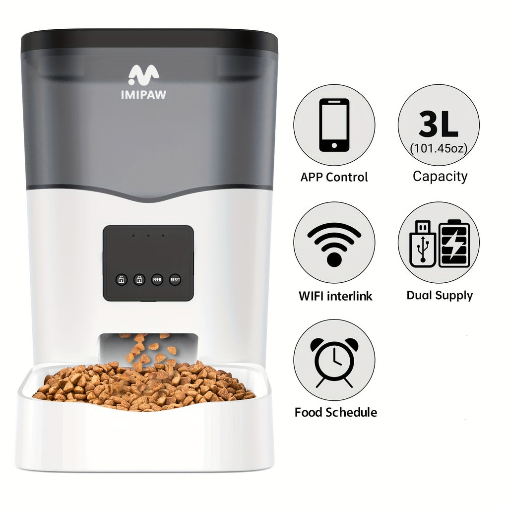 Automatic Cat Feeder with WiFi App Control, 3L Smart Dry Food Dispenser with Scheduled Meals, USB Power and Optional Camera for Cats and Dogs