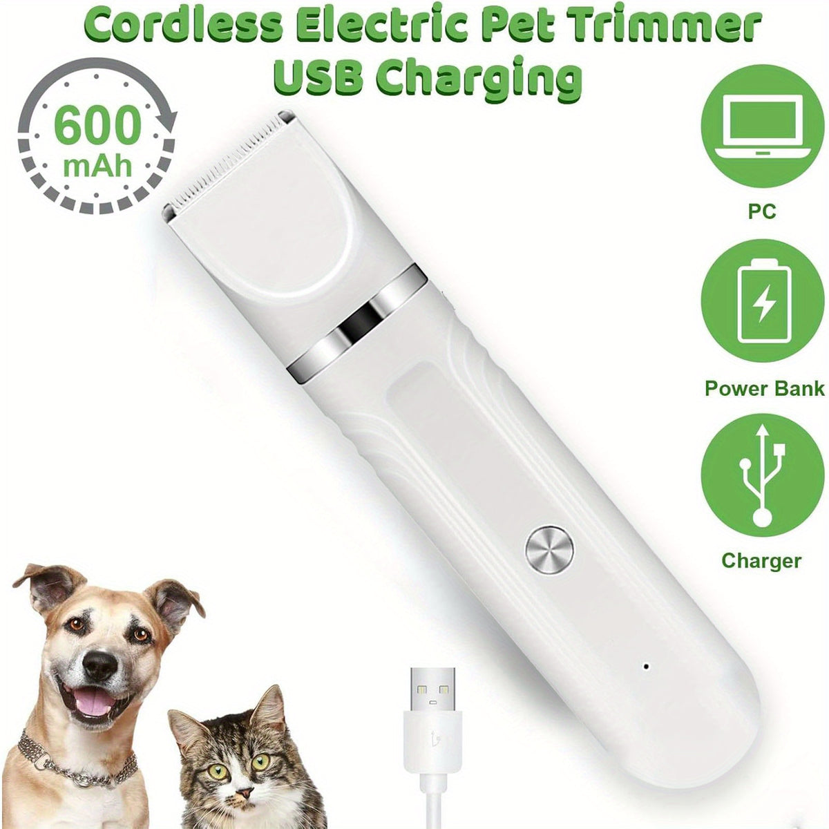 Dog Grooming Kit with Interchangeable Heads, USB Rechargeable Cordless Pet Hair Clipper with 4 Guide Combs, Steel Scissors and Comb for Home Trimming