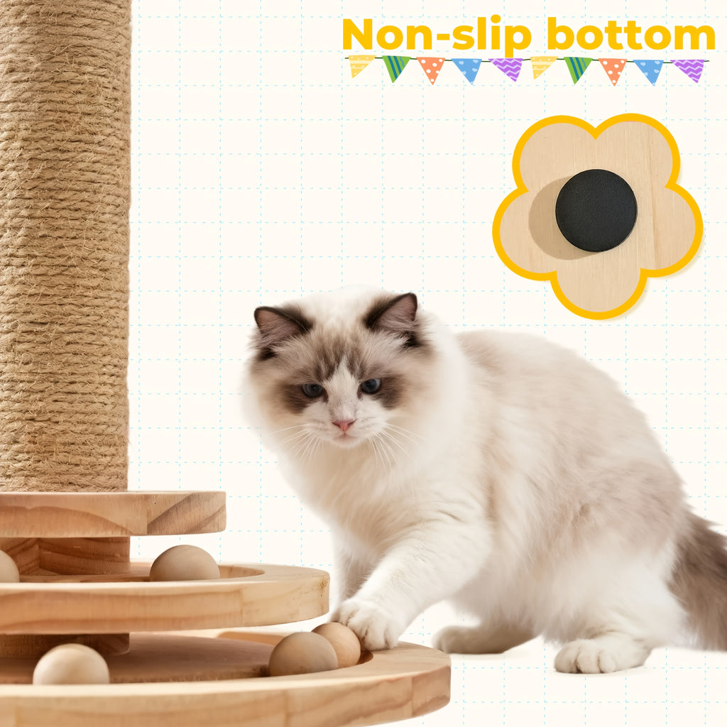 Interactive Cat Scratching Post with Double-Layer Ball Track and Feather Toys, M L XL Cat Scratcher and Replacement Pillar Options for Indoor Cats