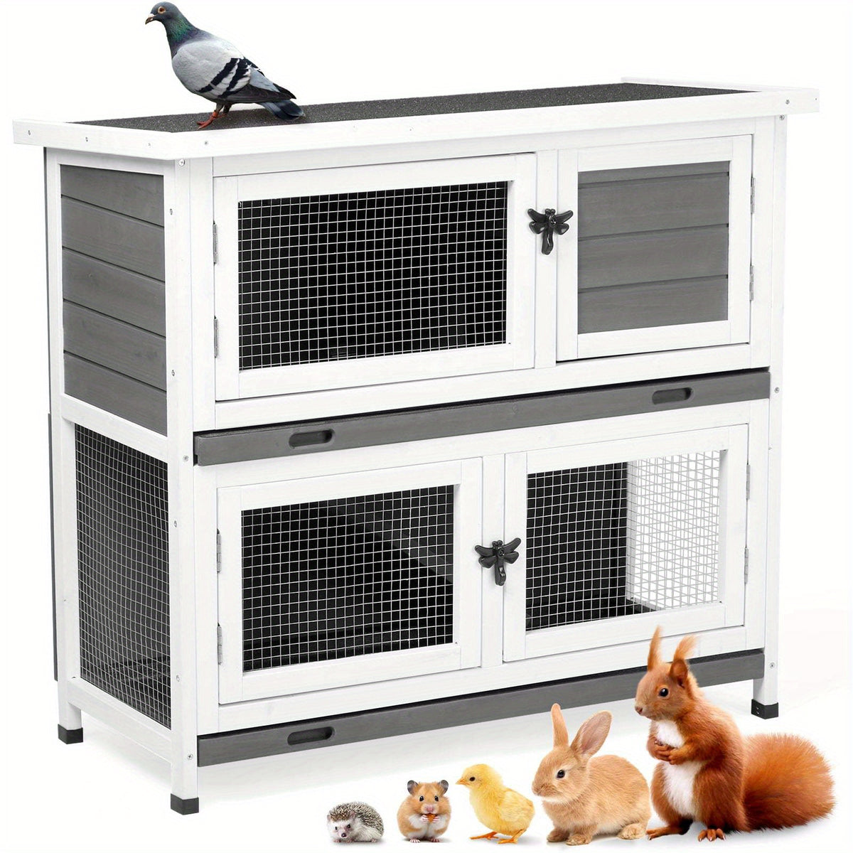 Wooden Rabbit Hutch with Ramp and Run, Gray 35.8 Inch Bunny House with Separate Resting Area, Wire Enclosure and Sloped Roof for Pet Care
