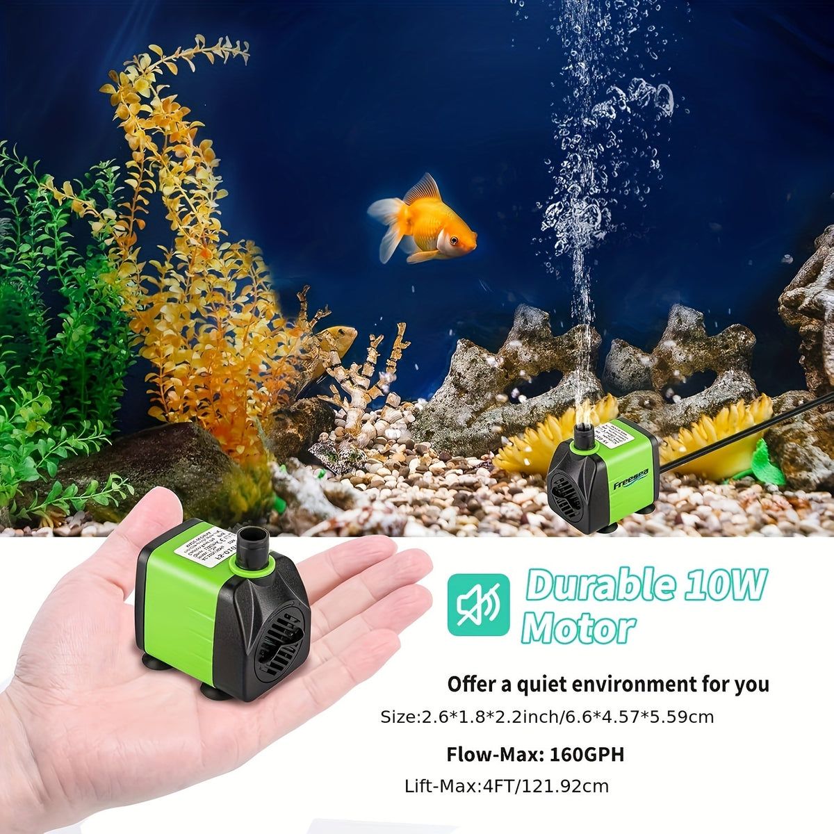 Submersible Fountain Pump 160GPH 10W with Adjustable Flow, Two Nozzles and Tubing for Aquarium, Small Pond and Hydroponic Water Circulation