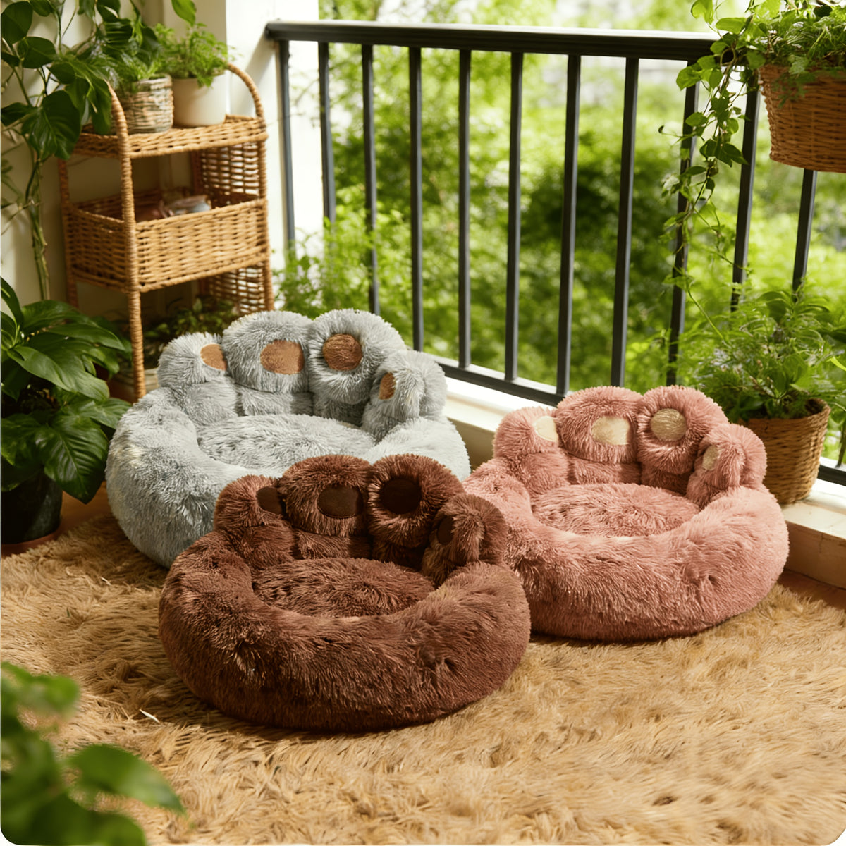 Paw Shaped Pet Bed for Dogs and Cats, Fluffy Bear Paw Donut Cushion with Raised Sides and Non-Slip Bottom in Pink, Grey or Coffee, M to 2XL