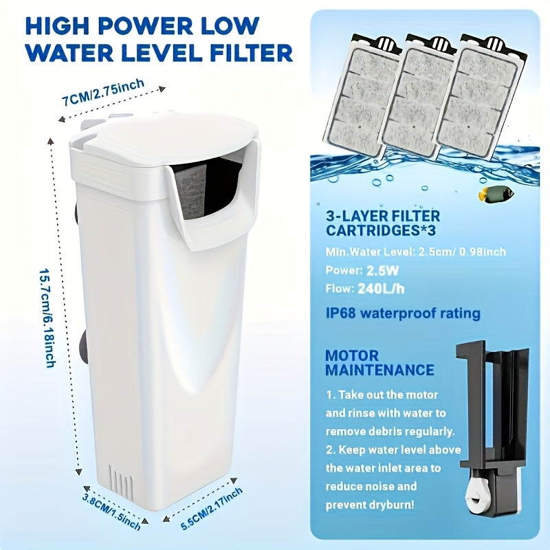 Low Water Level Turtle Tank Filter, 74 GPH 2.5W Aquarium Filter for Small Fish Tanks up to 15 Gallons with 4 Replacement Cartridges